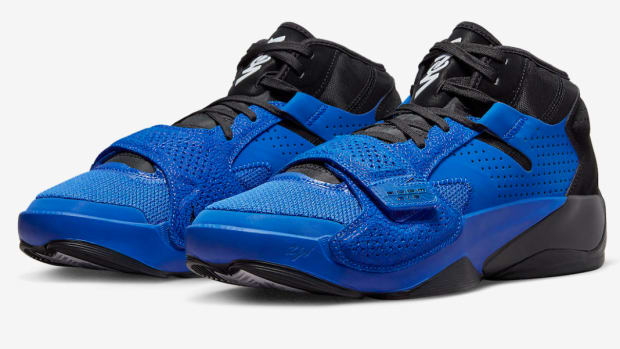 View of blue and black Jordan Zion 2 shoes.